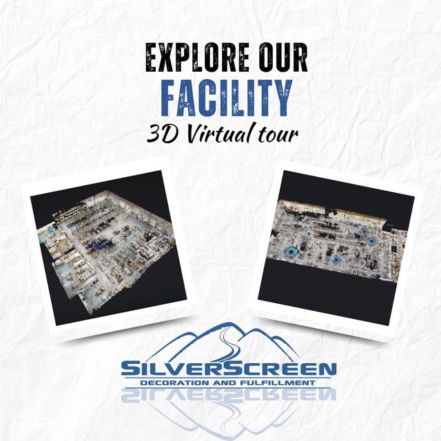 Explore our facility: 3D virtual tour, with two overhead 3D views of the Silverscreen floor and the Silverscreen logo