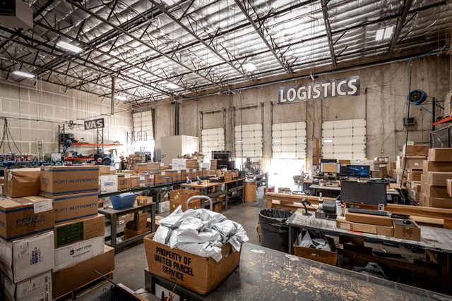 Warehouse interior with boxes, equipment, and the word "logistics" on a wall.