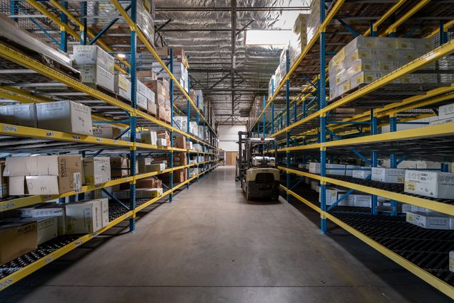 Fulfillment warehouse aisle lined with shelving full of boxed inventory and a forklift at the end
