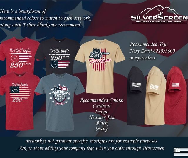 America 250 designs on T-shirts with the recommended colors (Cardinal, Indigo, Heather Tan, Black, Navy) and blanks (Next Level 6210/3600)