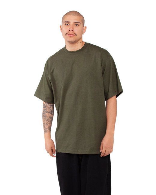 Man in an olive heavyweight T-shirt