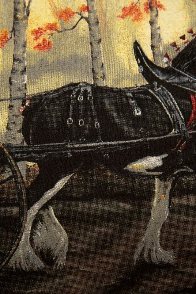 Close-up of a simulated process print of a draft horse pulling a carriage